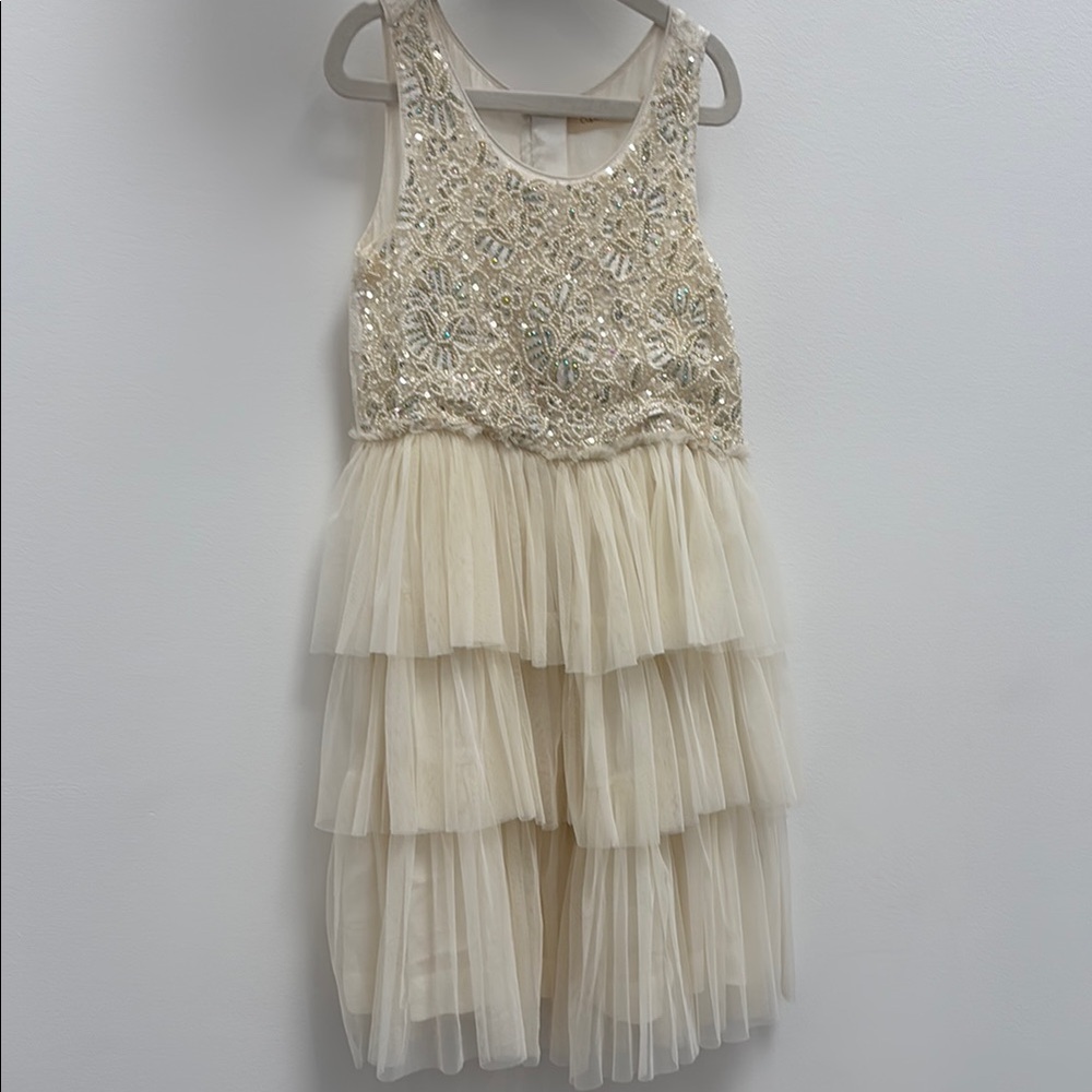 Cupcakes & Pastries Cream Pleated Beaded Tulle Ruffles Dress (Girls Size 8)